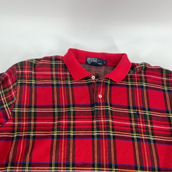Vintage Polo By Ralph Lauren Shirt Mens Large Red Tartan Plaid Rugby 90s Polo - Picture 2 of 8